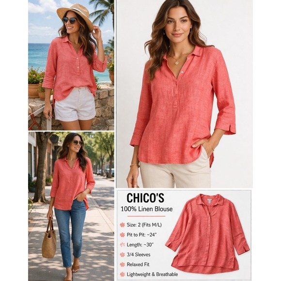 Chico's Tops - Chicos 100% Linen Tunic Top Red Orange Button Front Long Sleeve Size 2 L NEW